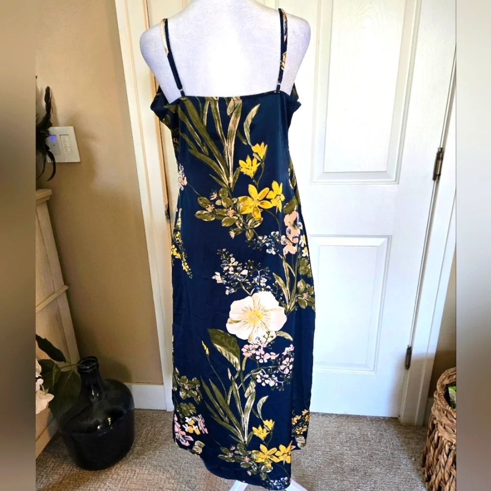 Floral Navy V Neck Slip Dress Satin Feel - Picture 4 of 9